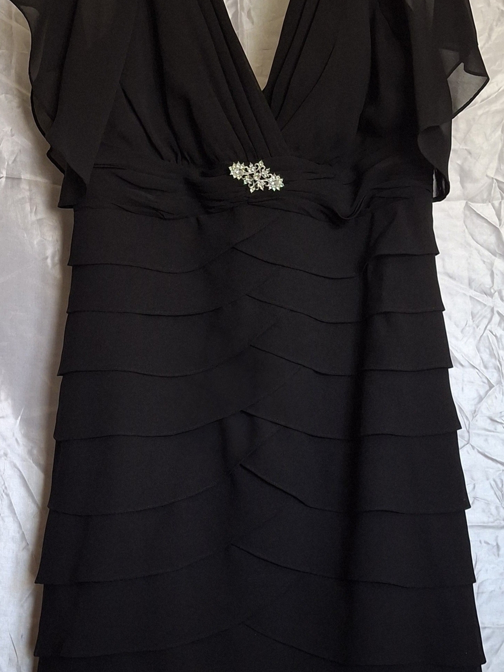 Scarlett Nite Black V-Neck Tiered Evening Dress with Rhinestone Brooch